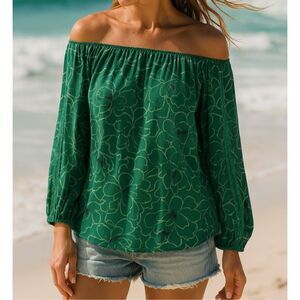 NEW Hope and Harlow Women's Floral Green Crochet Off Shoulder Blouse sz S Beachy
